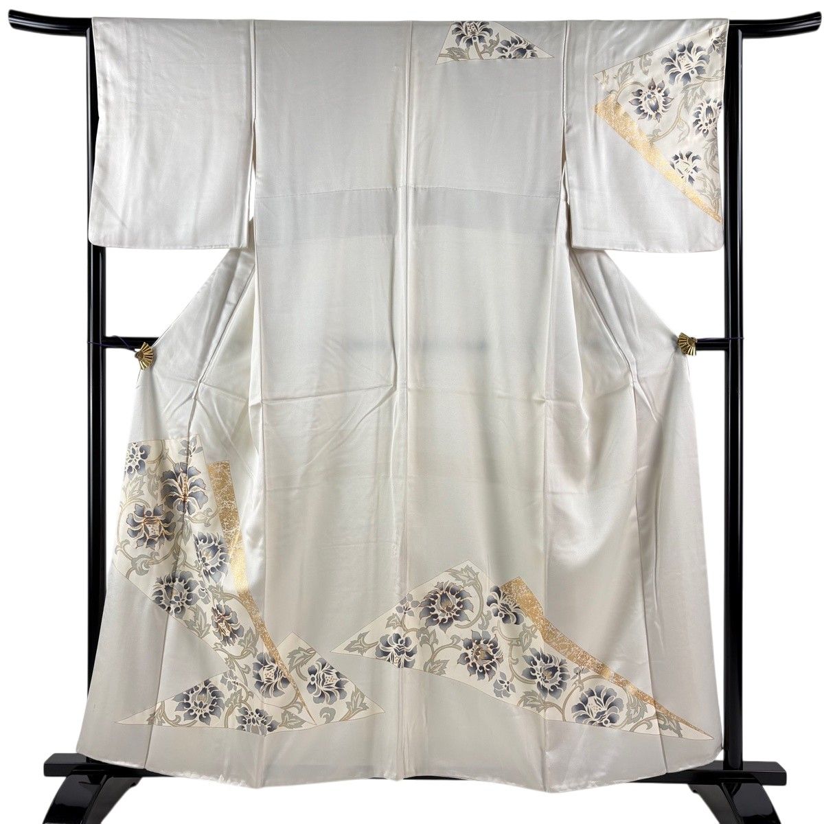 訪問着 身丈156cm 裄丈64.5cm M 袷 花唐草 金糸 金彩 灰白 正絹 秀品 【中古】