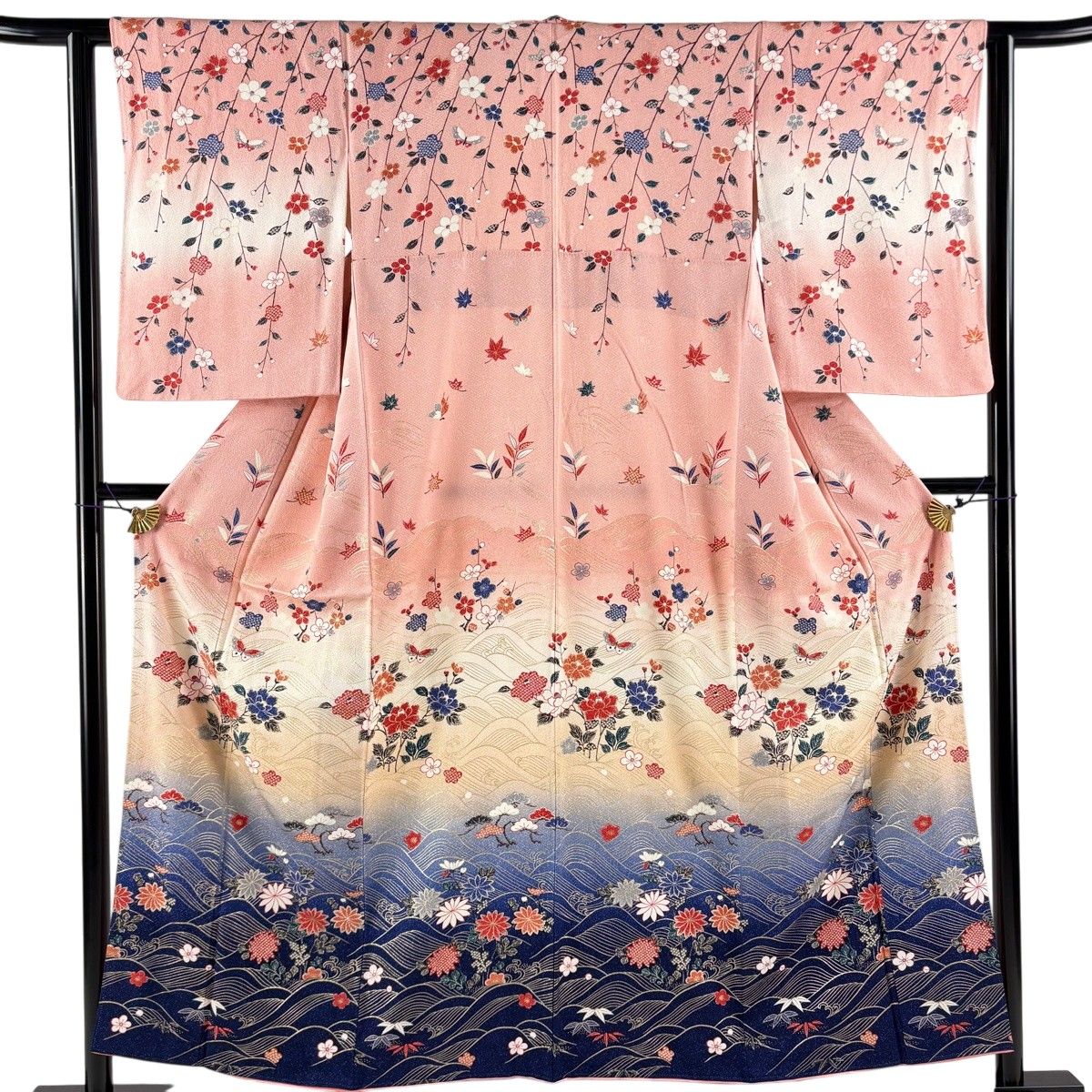 【美品】 訪問着 身丈154cm 裄丈62cm S 袷 草花 波 金彩 ぼかし ピンク 正絹 秀品 【中古】