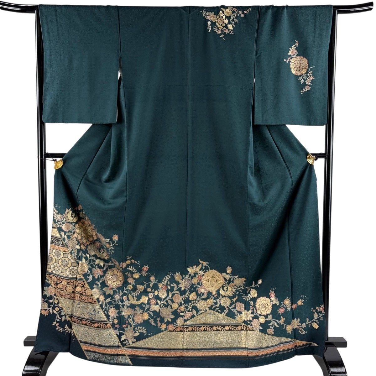 訪問着 身丈168.5cm 裄丈65.5cm M 袷 華文 花鳥 金彩 ぼかし 深緑 正絹 秀品 【中古】
