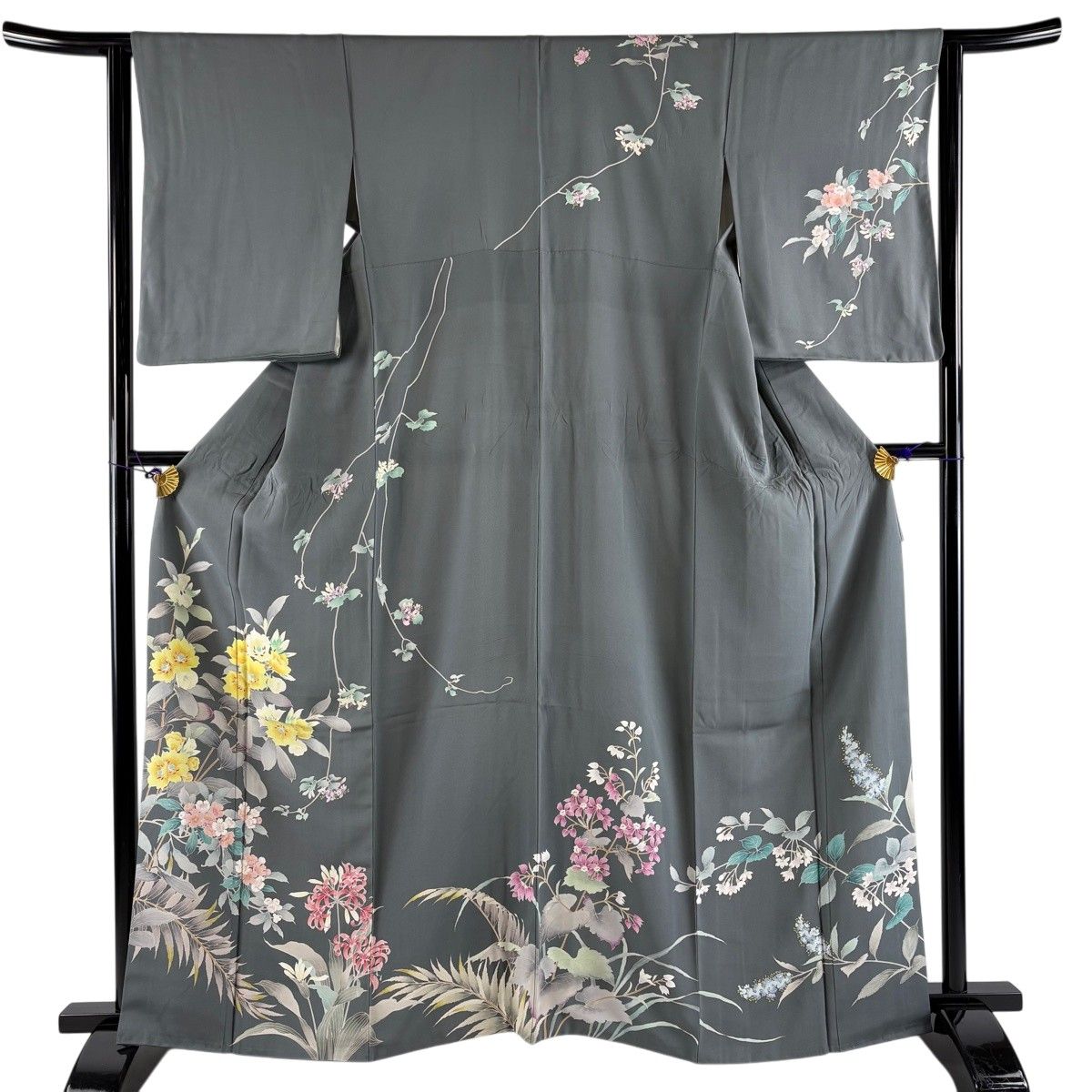訪問着 身丈162cm 裄丈63.5cm S 袷 鈴乃屋 枝花 草花 灰緑 正絹 秀品