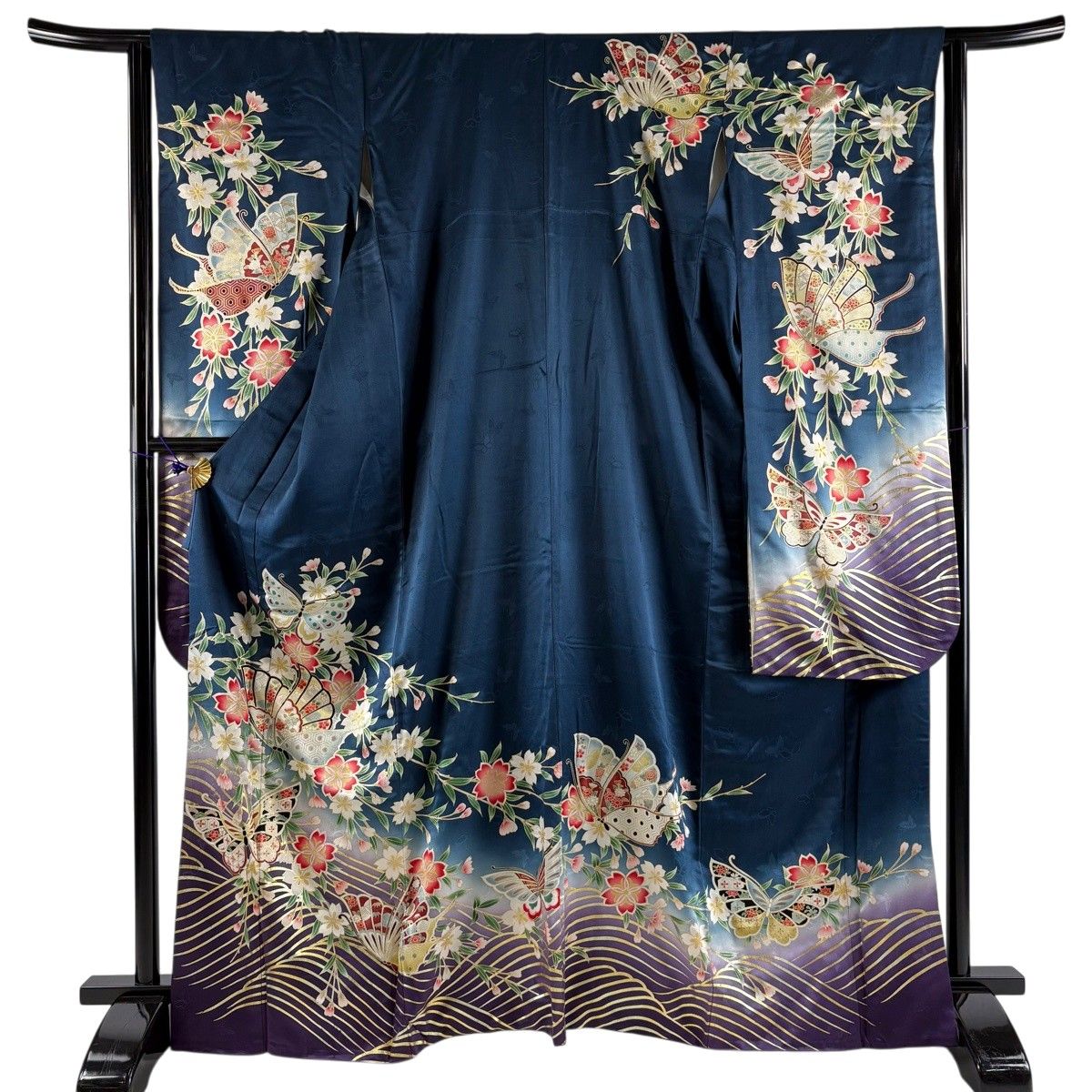 振袖 身丈167.5cm 裄丈64cm M 袷 蝶 桜 金彩 染分け 青緑 正絹 秀品 【中古】