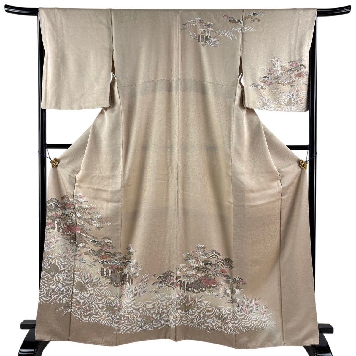 【美品】 訪問着 身丈166cm 裄丈66cm M 袷 家屋 松 金彩 染め分け 薄茶色 正絹 秀品 【中古】