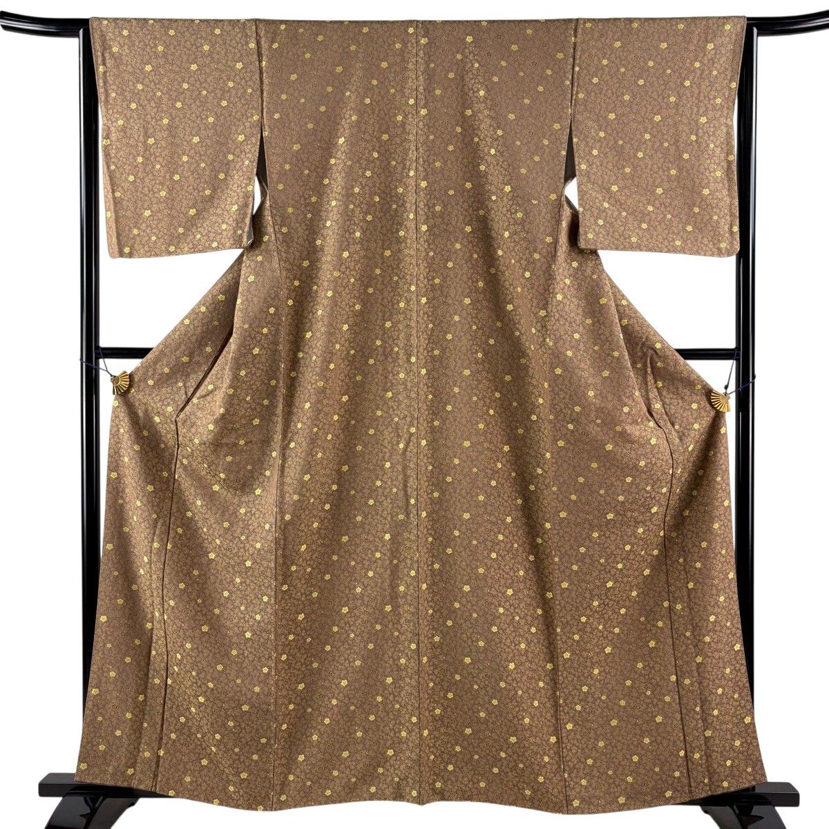 【美品】 小紋 身丈162cm 裄丈64.5cm M 袷 梅 若松 薄茶色 正絹 秀品 【中古】