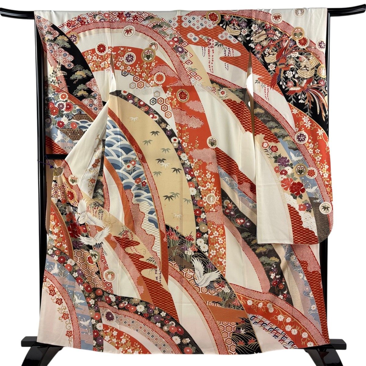 振袖 身丈160.5cm 裄丈66.5cm M 袷 鶴 草花 金糸 金彩 クリーム 正絹 秀品 【中古】