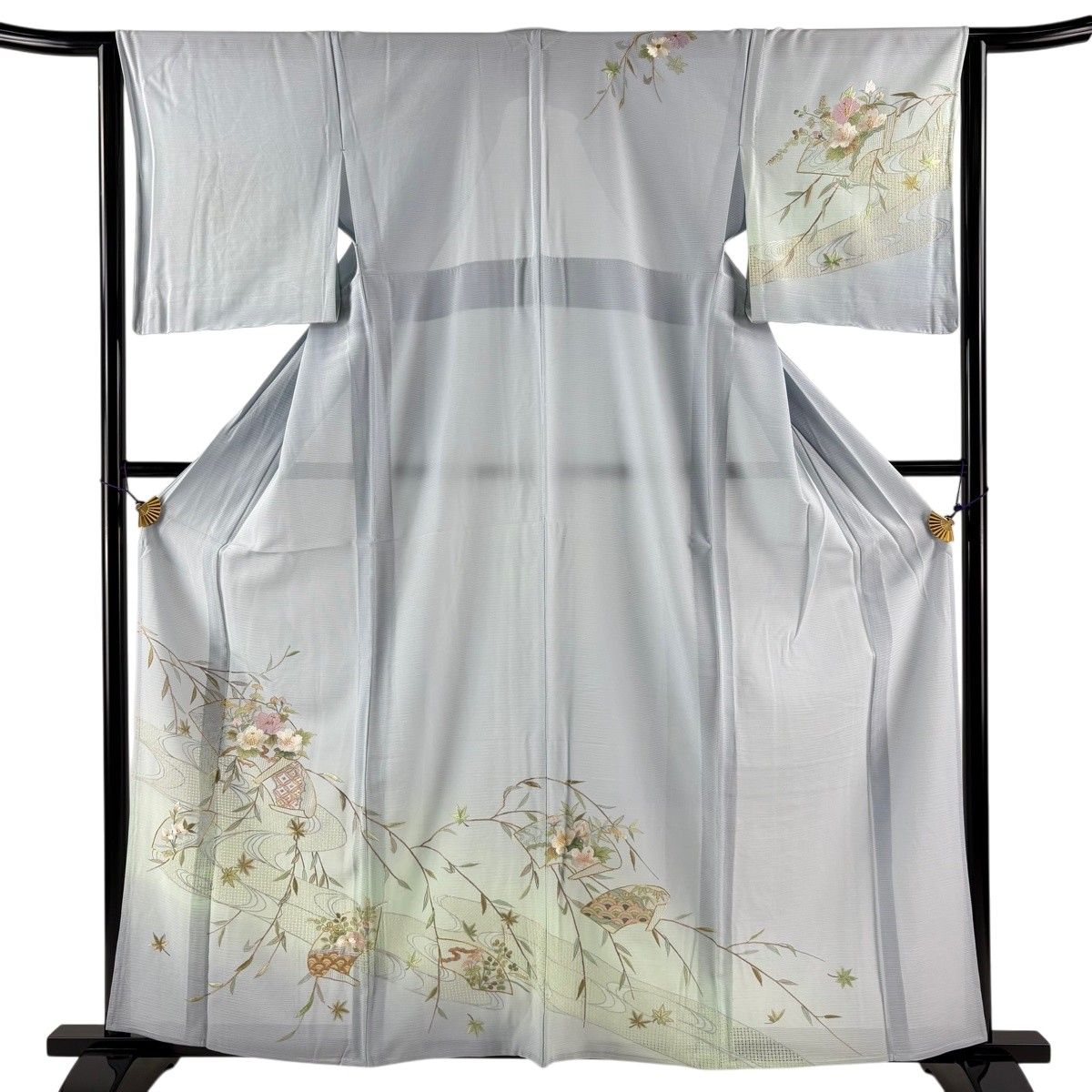 訪問着 身丈160cm 裄丈63.5cm S 薄物 絽 扇面 流水 刺繍 金糸 青灰色 正絹 秀品 【中古】