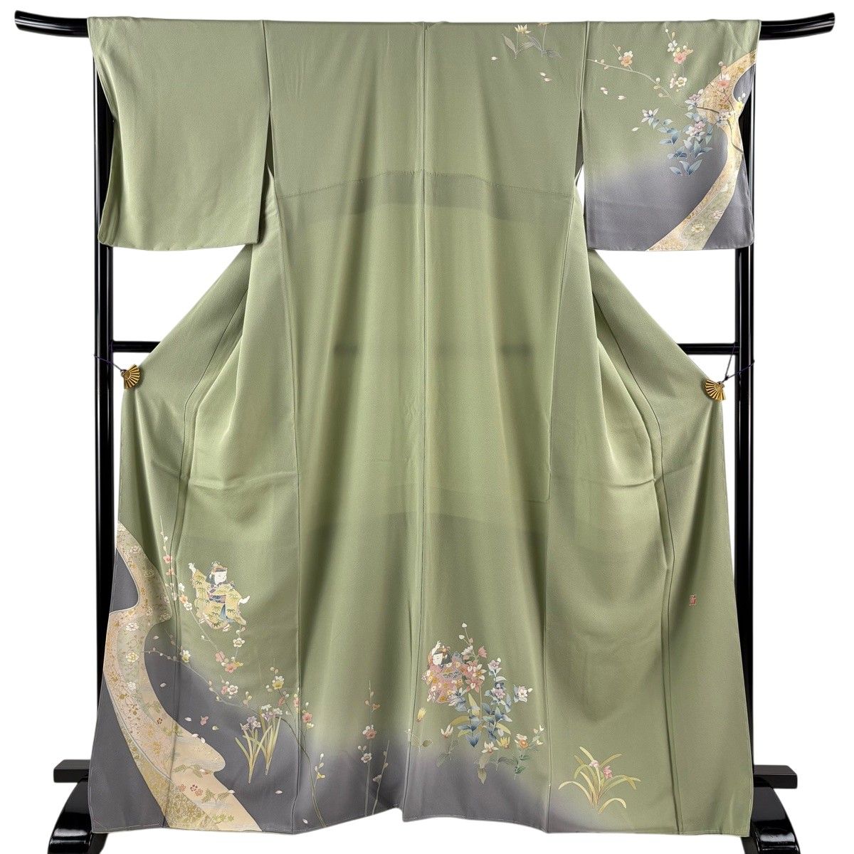 【美品】 訪問着 身丈166.5cm 裄丈68cm L 袷 落款 童 枝梅 金彩 ぼかし 灰緑 正絹 秀品 【中古】