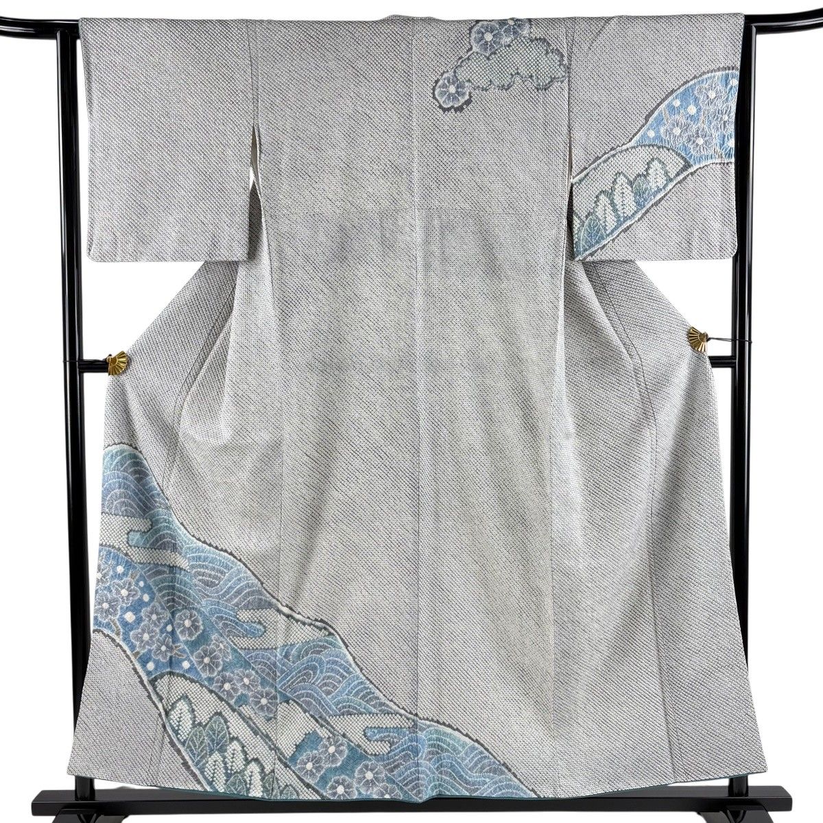 訪問着 身丈155cm 裄丈62.5cm S 袷 草花 ヱ霞 絞り 灰色 正絹 逸品 【中古】