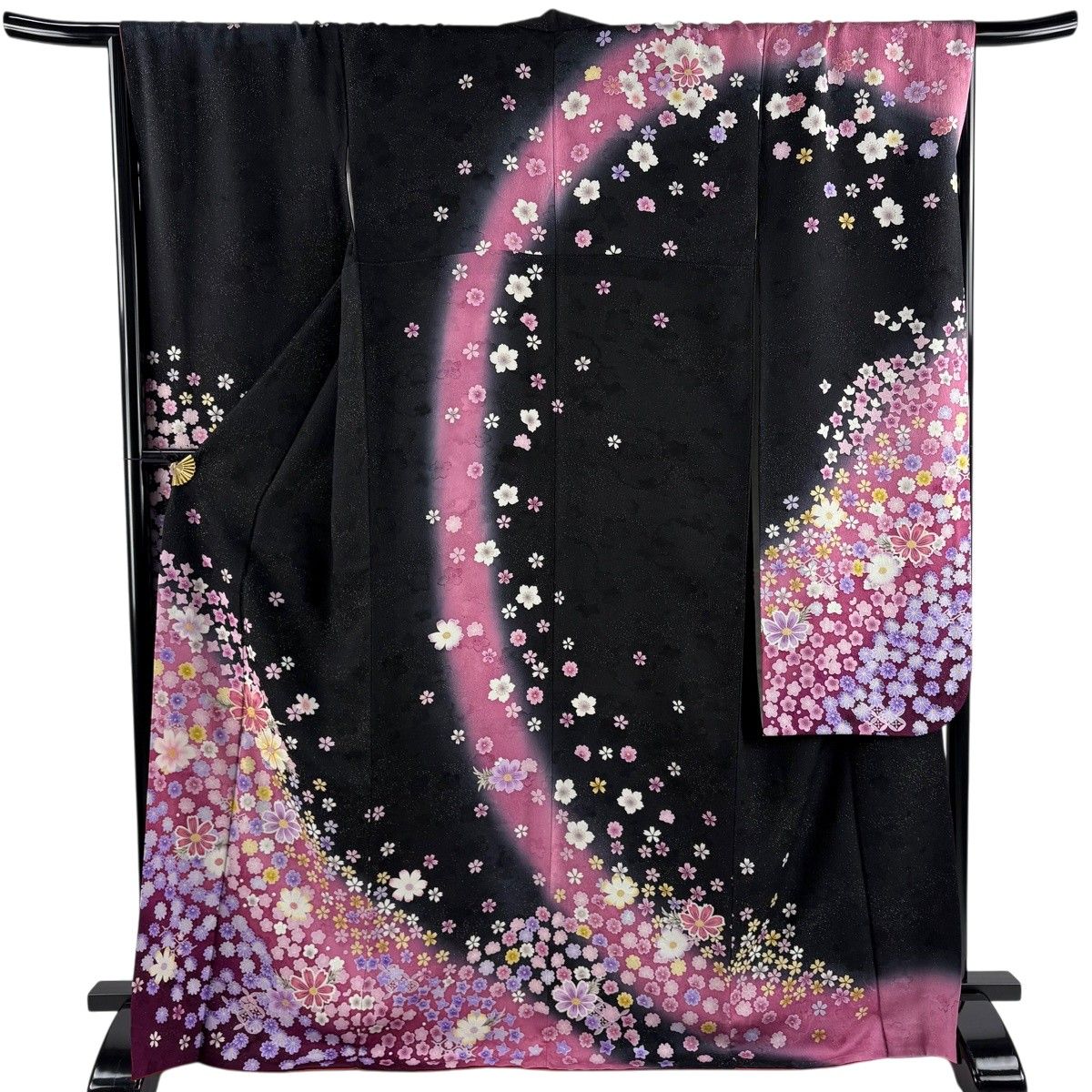 振袖 身丈170cm 裄丈68cm L 袷 草花 銀通し 金糸 黒 正絹 逸品 【中古】