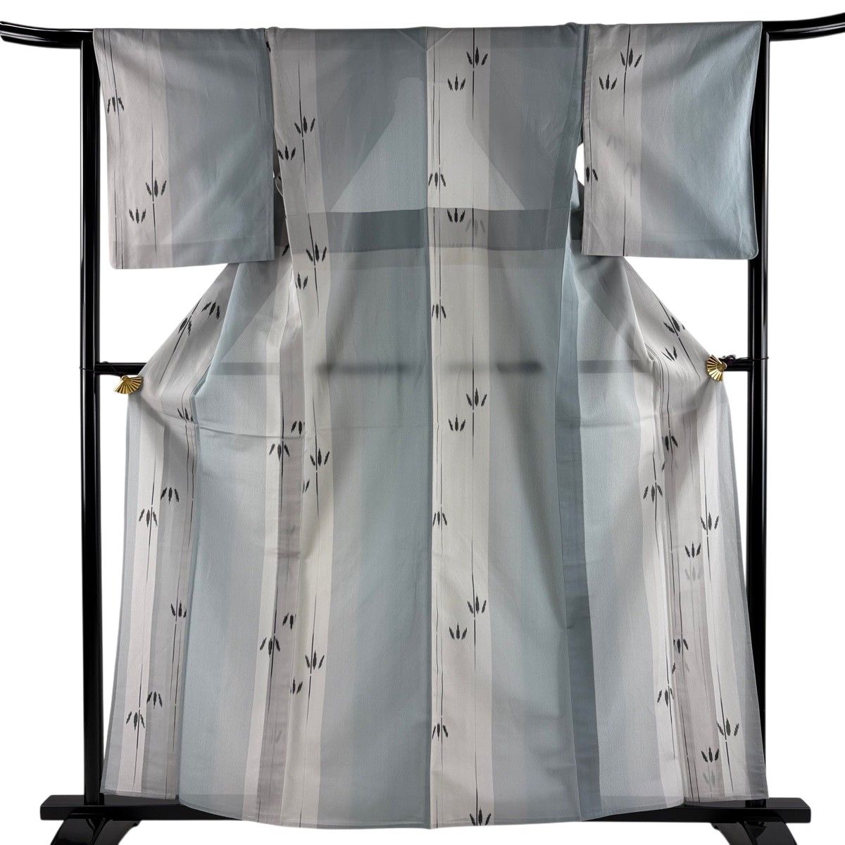 紬 身丈160cm 裄丈64cm M 薄物 明石ちぢみ 証紙 笹 縦縞 水色 麻 逸品 【中古】