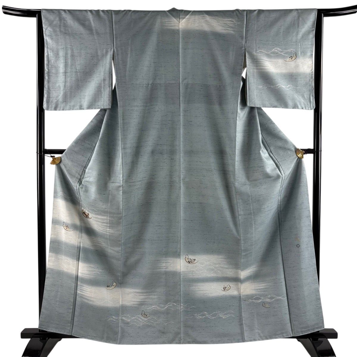 訪問着 身丈161.5cm 裄丈64cm M 袷 市川純一郎 牛首紬地 落款 証紙 草花 霞 金彩 ぼかし 青灰色 正絹 逸品 【中古】