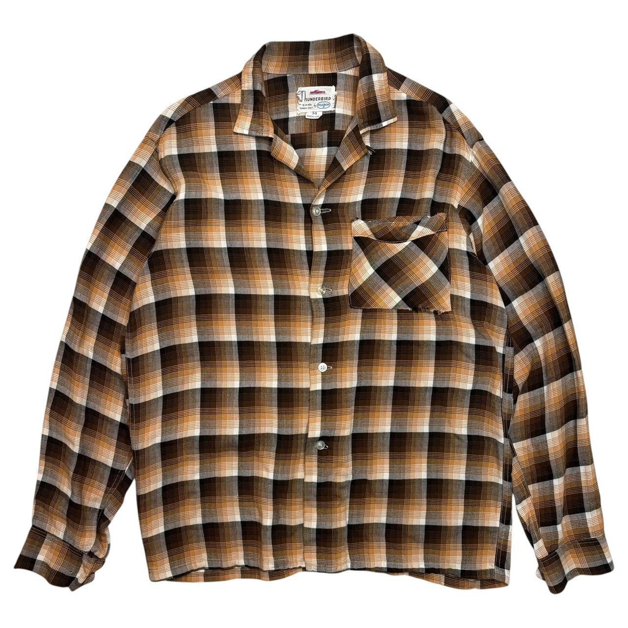 PILGRIM(ピルグリム) 60's THUNDERBIRD Ombre Check Rayon Open-Collar Shirt オンブレ チェック レーヨン オープンカラー シャツ M ブラウン 60年代 開襟