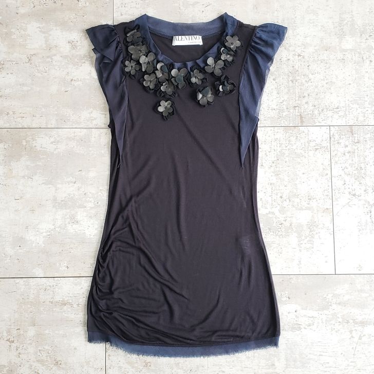 ヴァレンティノ ☆ フラワーデザイン ノースリーブ カットソー チュール 黒 紺 VALENTINO　T-SHIRT COUTURE