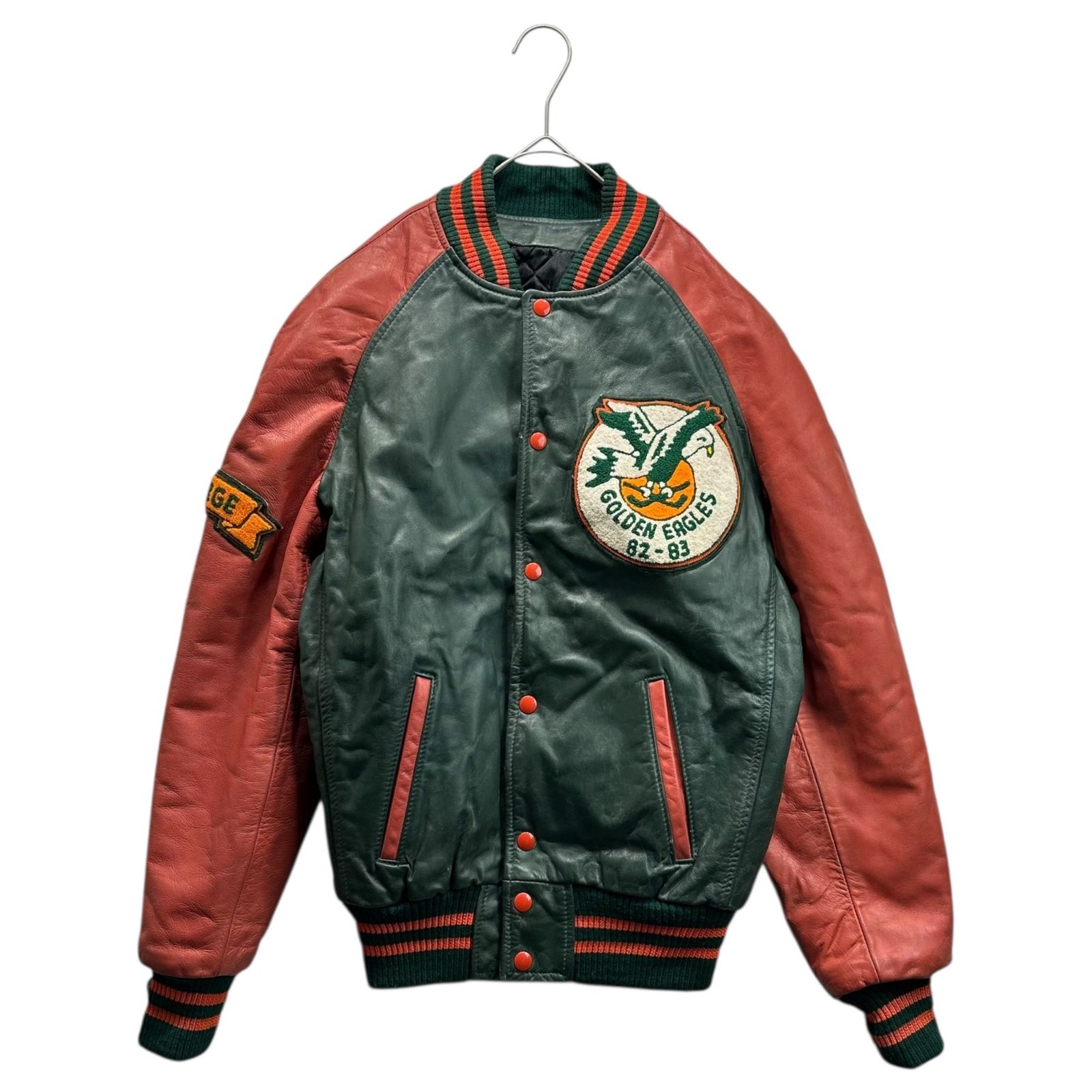 EXPORT LEATHER GARMENTS(エクスポートレザーガーメンツ) 90's CANADA made レザー スタジアム ジャケット 36 グリーン×レッド 推定90年代 ヴィンテージ スタジャン ブルゾン
