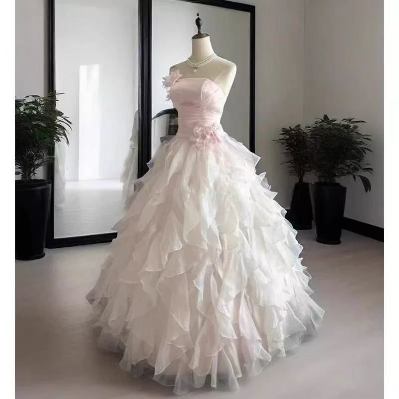 花飾りシフォンフリルプリンセスドレス ピンク白グラデ パーティー・バースデー衣装