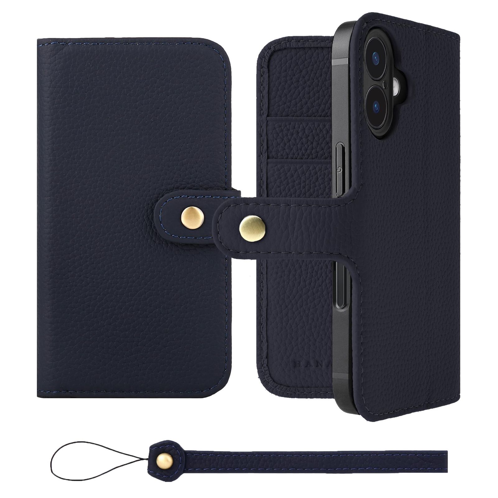 HANATORA for iPhone 16 ケース 手帳型 本革 スマホケース スマホ スタンド ストラップ 付き シュリンクカーフレザー ベルトあり マグネットなし ネイビー H0XB-16-Navy ギフト 誕生日 女性 男性 彼女 お母さん お父さん
