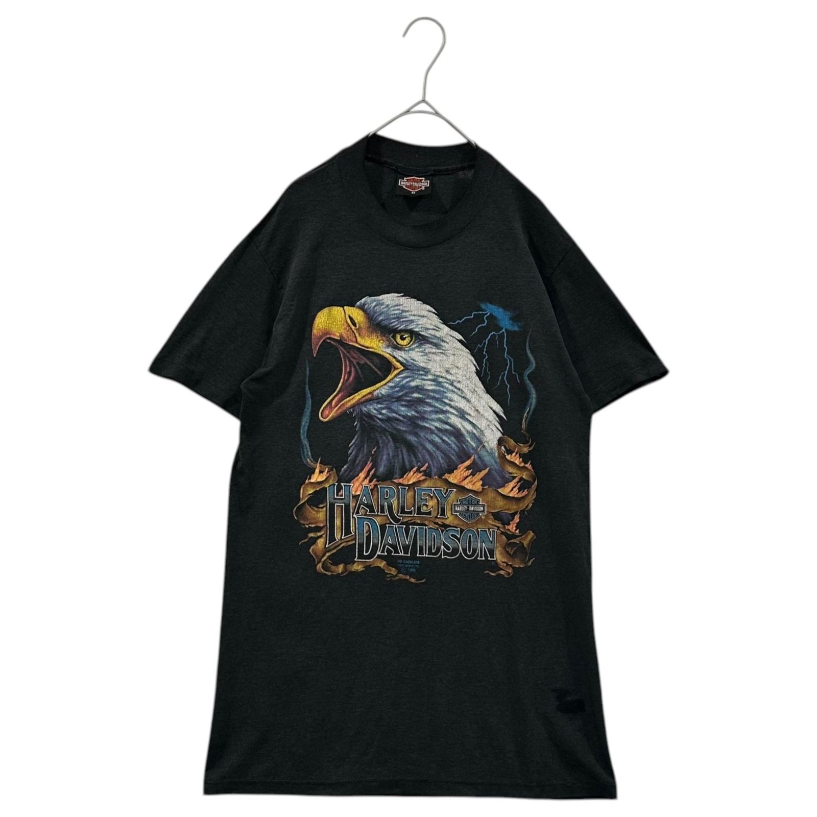 HARLEY DAVIDSON(ハーレーダビッドソン) 1990 <!-利用不可文字-!> 3D EMBLEM TEE 鷹 稲妻 プリント Tシャツ M ブラック 90's 90年代 ヴィンテージ カタ サンダー 雷