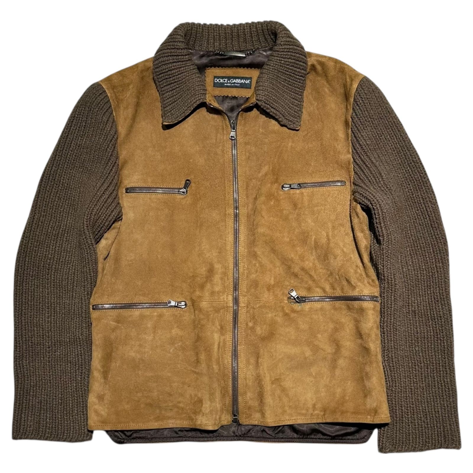 DOLCE&GABBANA(ドルチェ&ガッバーナドルガバ) Knit Sleeve Paneled Suede Leather Zip-Up Jacket ニットスリーブ 切替 スウェードレザー ジップアップ ジャケット G9Q40L 48(M程度) キャメル