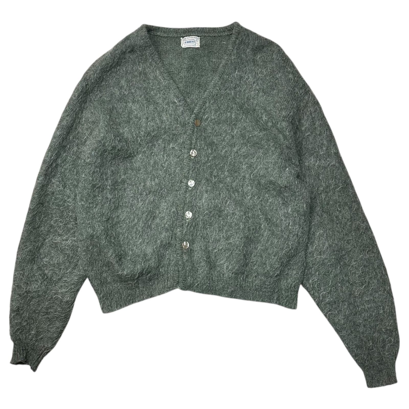 BRENT(ブレント) 60's Shaggy Mohair Cardigan シャギー モヘア カーディガン L グレーグリーン 60年代 貝ボタン ヴィンテージ 毛足長 59,895円