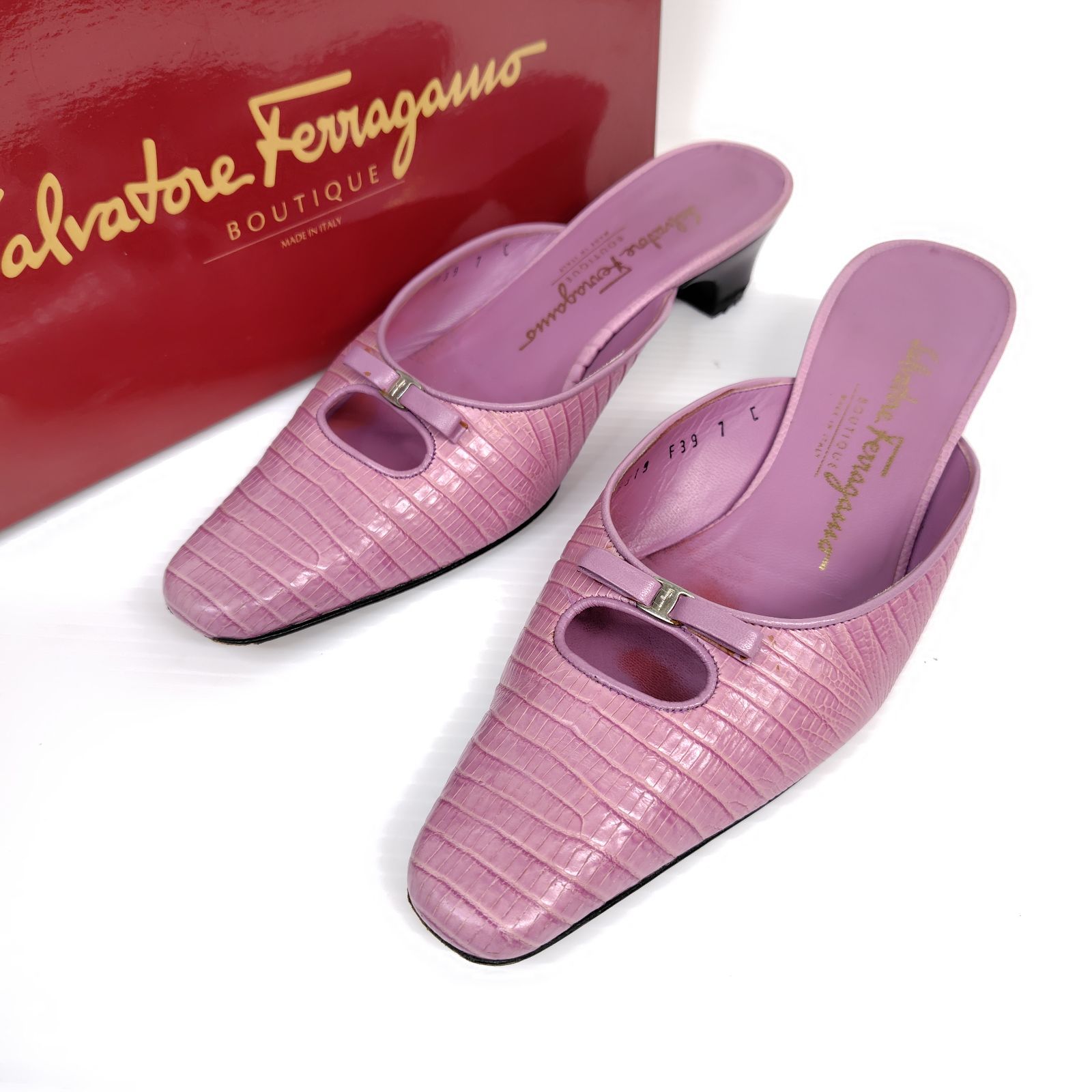 Salvatore Ferragamo フェラガモ ミュール 7C サンダル リザード 型押し リボン ポインテッド ビンテージ