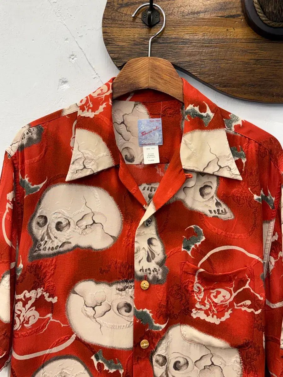 XL) Fukuwa Uchi スカル パータン シルク ハワイアン シャツ