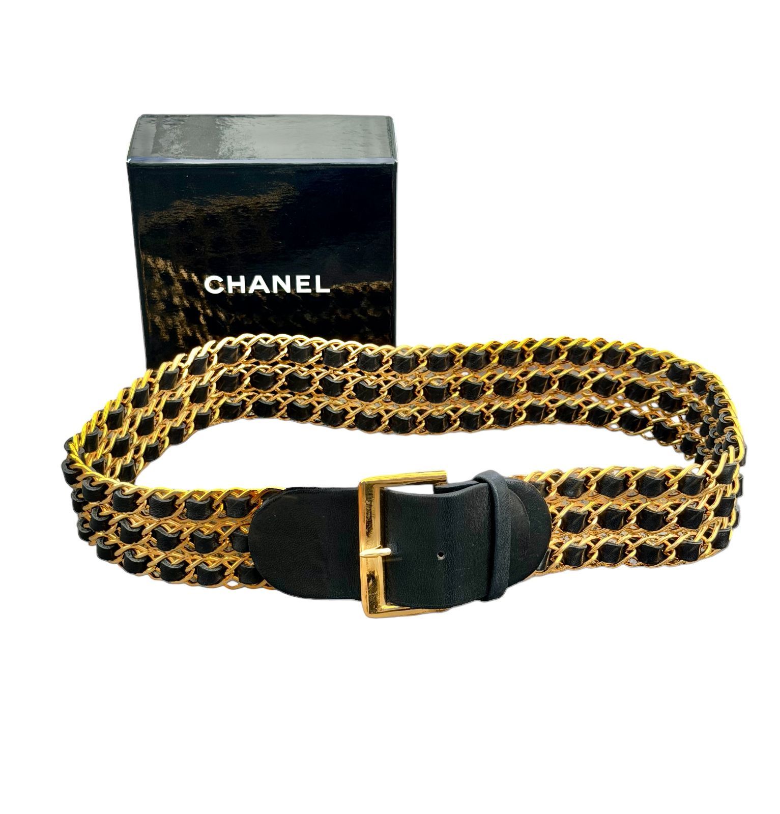レア・超美品◆本物CHANEL80sシャネルヴィンテージVintage三連黒金チェーンベルトBelt太目刻印ありGP×レザー