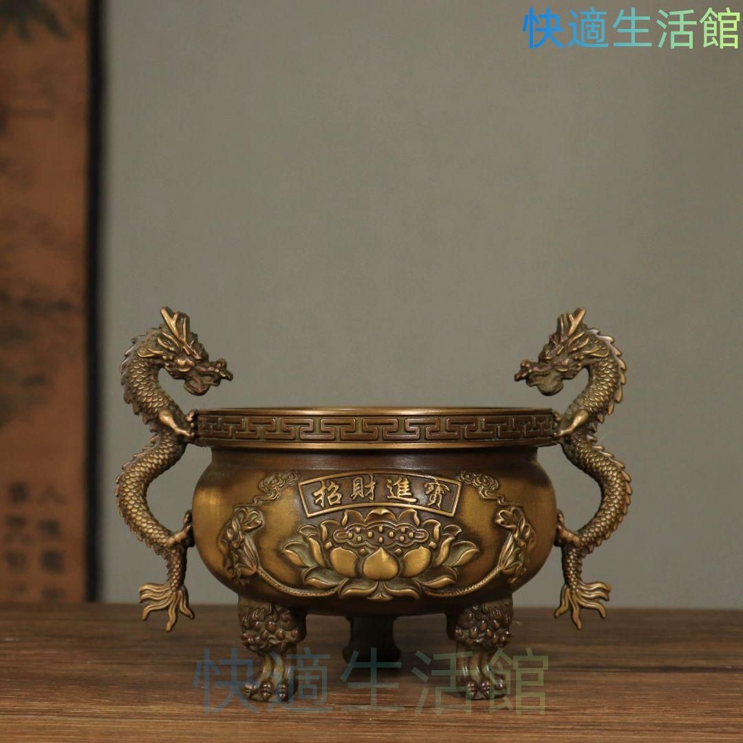 銅器 香炉 双龍耳蓮華香炉 三足鼎 仏堂挿香香炉 双龍炉 装飾品 工芸品 置物 gyp624