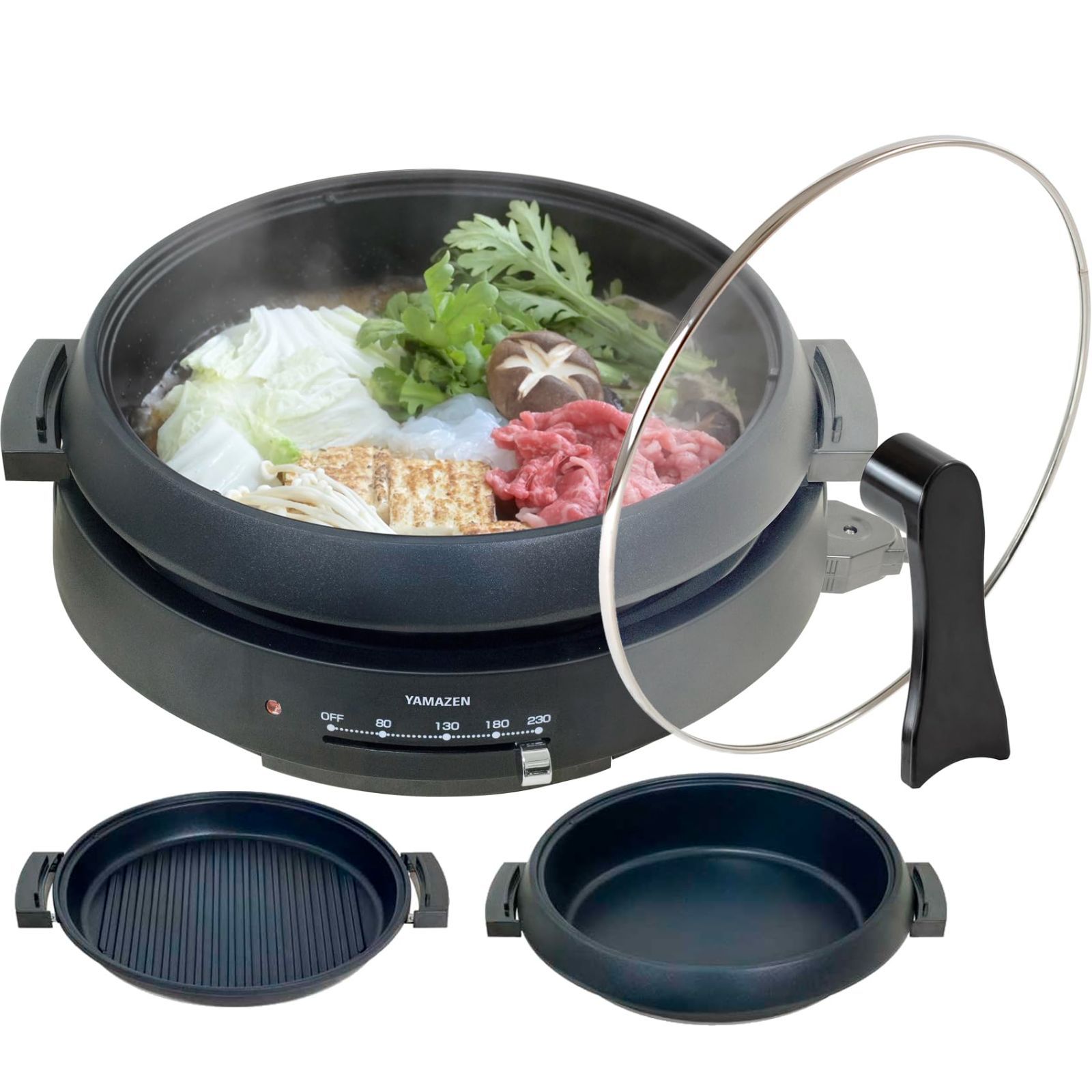 【数量限定】1300W 直火対応 2~3人用 保温~230℃ 深さ6cm 鍋直径26cm 着脱式プレート (深鍋/波型プレート) 自立蓋 二人暮らし ガラス蓋 一人暮らし 2WAY ブラック グリル鍋 YGF-W130(B) 電気鍋