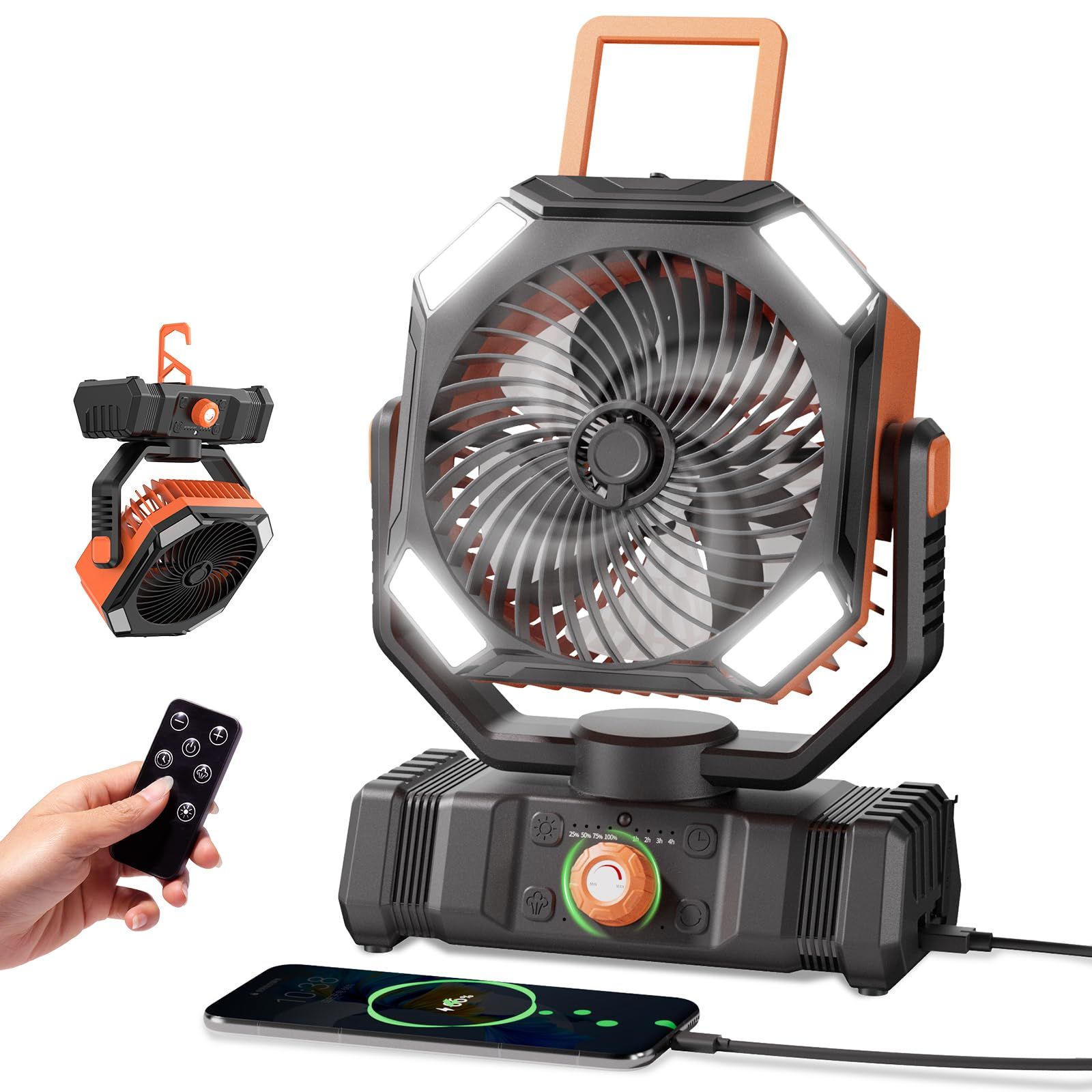 キャンプ 扇風機 卓上扇風機 スプレー機能搭載 大容量バッテリー dcモーター コードレス リモコン付 きせんぷうき アウトドア 扇風機 1台多役【卓上・吊り下げ・壁掛け・噴霧式・モバイルバッテリー】LEDライト 省エネ 軽量 静音 熱中症対策 オレンジ＆…