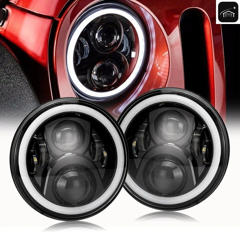 Pair 7 Inch Round LED Headlights High Low Beam White Halo Ring Angel Eyes DRL + Amber Turning Signal Lights for Hummer