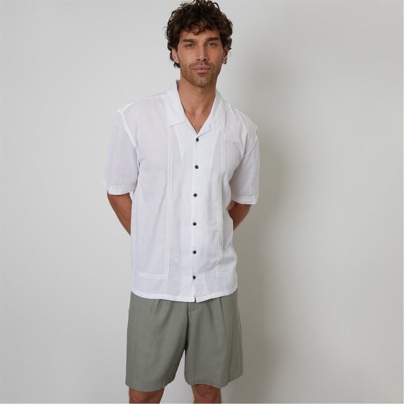 スリードベア メンズ トップス シャツ リラックスフィット レーストリム レース リネン Threadbare Linen Blend Lace Trim Relaxed Fit Shirt Whit