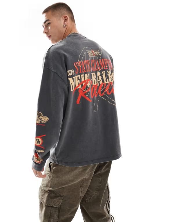 エイソス メンズ トップス Tシャツ プリント ASOS DESIGN oversized long sleeve Tshirt with racing chest and back print in