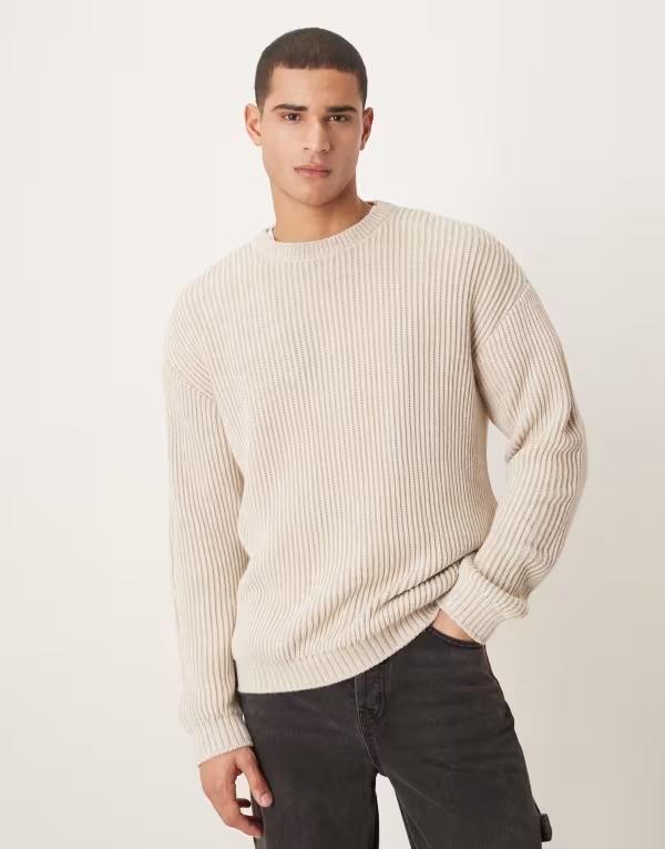 エイソス メンズ アウター ニット・セーター クルーネック ASOS DESIGN relaxed long sleeve knit crew neck striped sweater ECRU エク