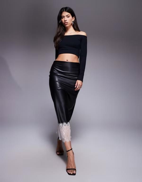 エイソス レディース ボトムス スカート レーストリム ローライズ レース ASOS DESIGN PU low rise slip skirt with lace trim hem Black ブラ