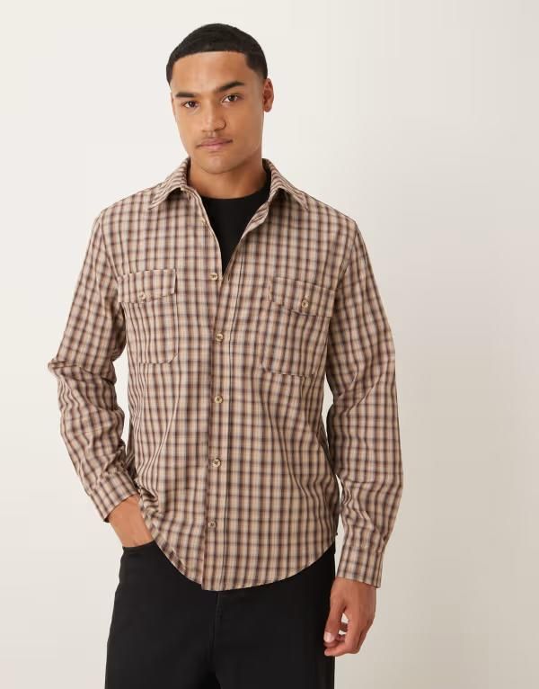 エイソス メンズ トップス シャツ レギュラーフィット ASOS DESIGN regular fit plaid shirt BROWN ブラウン