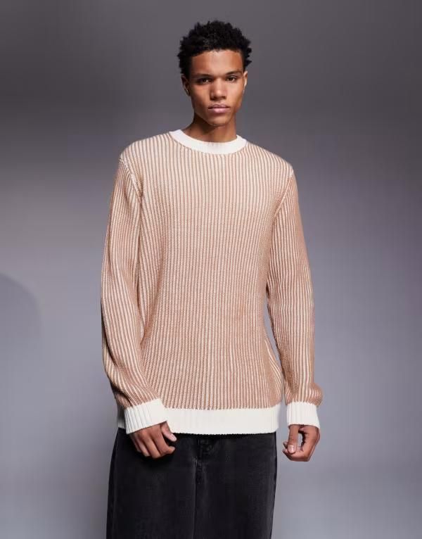 エイソス メンズ アウター ニット・セーター クルーネック セーター ニット ASOS DESIGN relaxed knit plated rib crew neck sweater in ston
