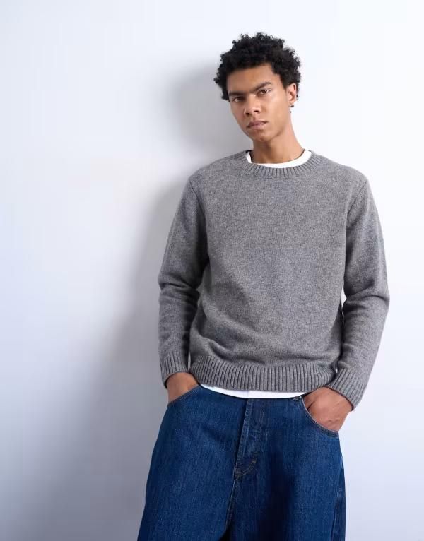 トップマン メンズ アウター ニット・セーター レギュラーフィット クルーネック ウール Topman regular fit knit crew neck sweater with wool Gra