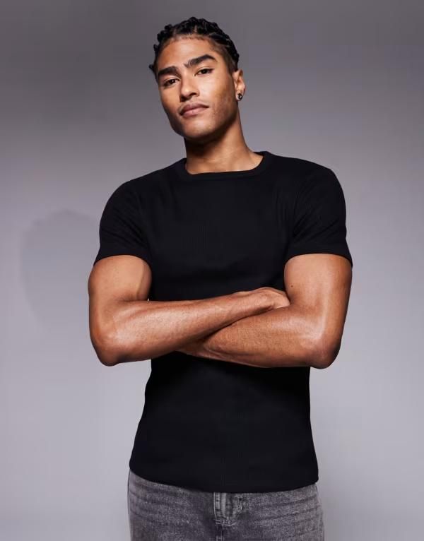 エイソス メンズ トップス Tシャツ ASOS DESIGN super heavyweight muscle fit Tshirt rib Black ブラック