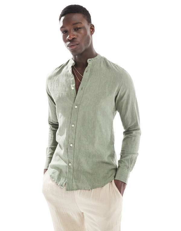 オンリーアンドサンズ メンズ トップス シャツ リネン ONLY SONS linen mix band collar shirt in sage Swamp セージ