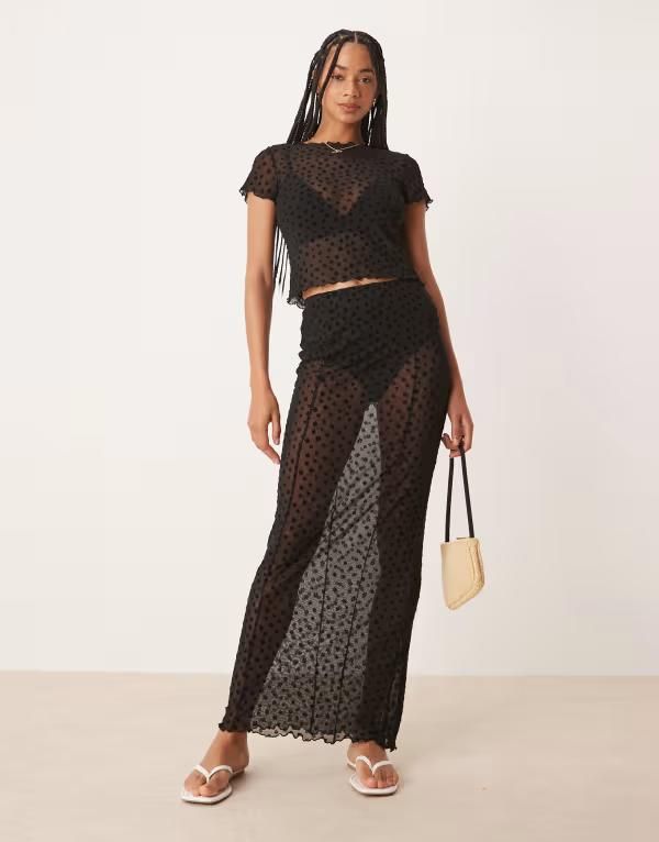 エイソス レディース ボトムス スカート フラワー柄 メッシュ マキシ フラワー ASOS DESIGN floral flocked mesh maxi skirt Black ブラック