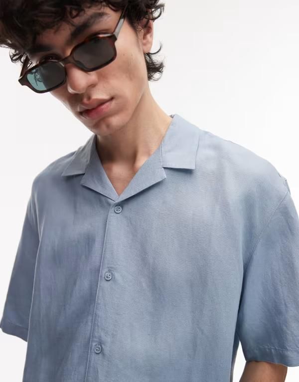 トップマン メンズ トップス シャツ レギュラーフィット リネン Topman regular fit short sleeve linen blend shirt in light MID BLUE