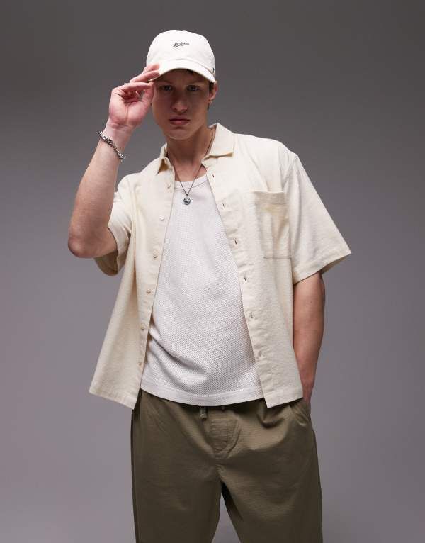 トップマン メンズ トップス シャツ Topman short sleeve textured boxy shirt in stone STONE ストーン