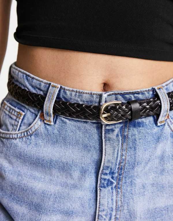 ピーシーズ レディース アクセサリー ベルト レザー フェイクレザー Pieces plaited faux leather belt with gold buckle Black ブラック