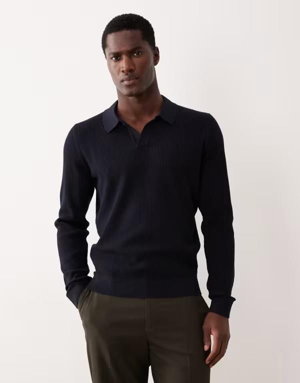 マンゴ メンズ トップス ポロシャツ リブ コットン Mango cotton blend ribbed polo top NAVY ネイビー