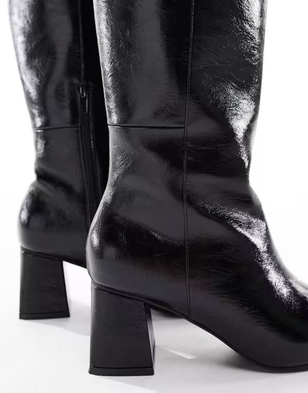 ロンドンレベル レディース シューズ ブーツ・レインブーツ ヒール London Rebel Nova block heeled knee boots BLACK CRINKLE PAT PU ブラッ