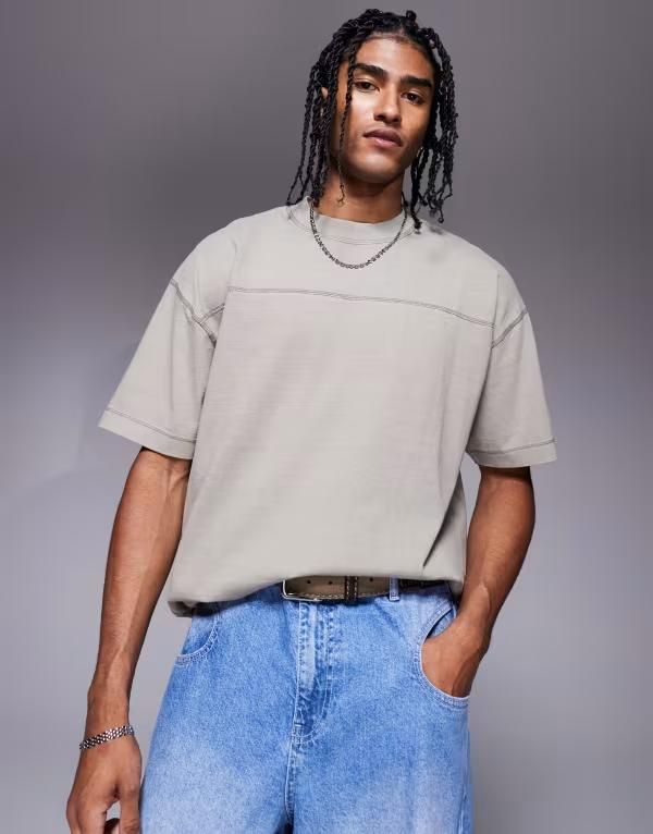 エイソス メンズ トップス Tシャツ ASOS DESIGN oversized seam detail washed tshirt in stone Elephant skin ストーン