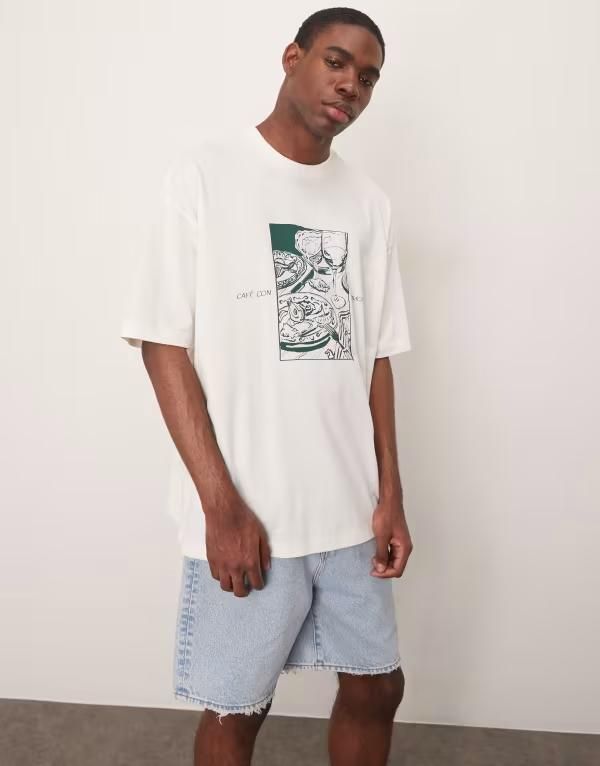 エイソス メンズ トップス Tシャツ グラフィック ASOS DESIGN oversized tshirt with cafe graphic in cream Coconut milk クリーム