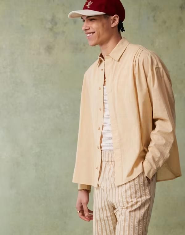 エイソス メンズ トップス シャツ ASOS DESIGN volume oversized shirt with concealed buttons in stone BEIGE ベージュ 8,070円