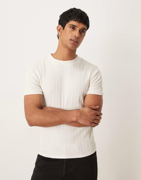 エイソス メンズ トップス Tシャツ ハイネック ASOS DESIGN muscle fitshirt withigh neck in cream texture Coconut milk クリーム