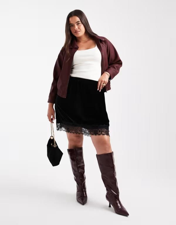 エイソス レディース ボトムスカート レーストリム ミニ ベルベット レース ASOS Curve ASOS DESIGN Curvelvet lace trimini skirt Black Vel