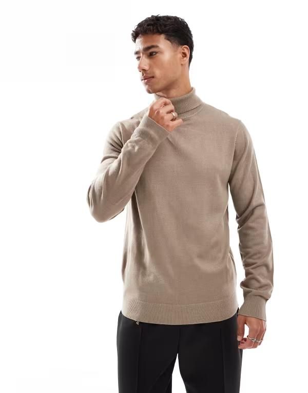 スリードベア メンズ アウター ニット・セーター Threadbare roll neck sweater in taupe トープ